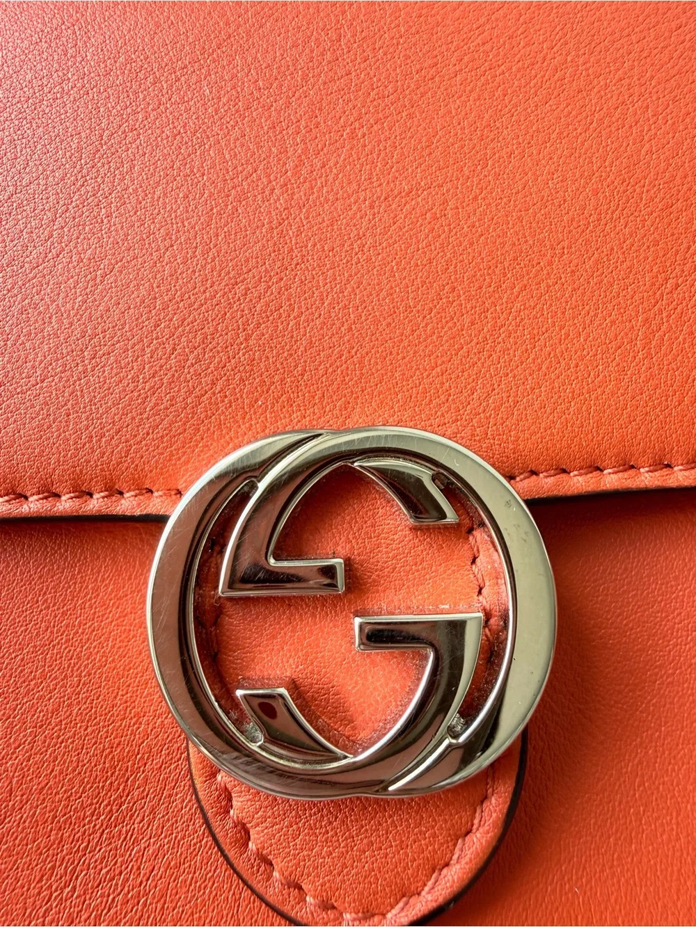 GUCCI Coral Orange Leather Wallet on Chain Crossbody/ Clutch with Interlocking G